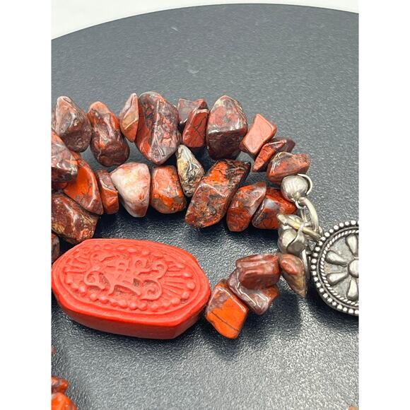 Vintage 925 Sterling Silver Garnet & Cinnabar Triple Strand 8” Bracelet 47.8g - Picture 8 of 11